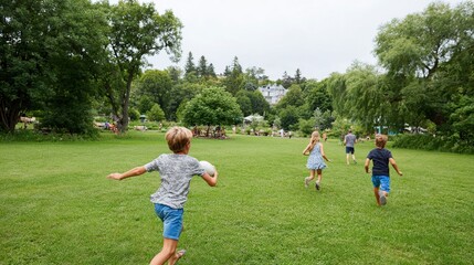 Obraz premium Children playing frisbee on a green park lawn with trees for summer family recreation background and outdoor activity banner