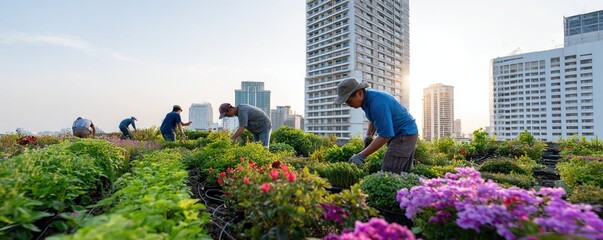 Fototapeta premium Rooftop community garden workers cultivating herbs and flowers on an urban rooftop for sustainable landscaping background and banner design