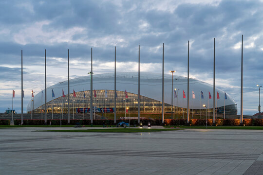 Adler, Sochi, Krasnodar Territory, Russia, May 7, 2022: The Bolshoi Sports Palace on the Central Square of the Olympic Park on a summer evening