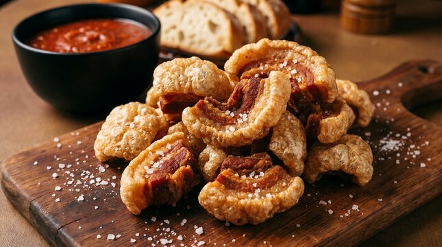 Crispy pork belly cracklings served with spicy tomato dip on wooden board.