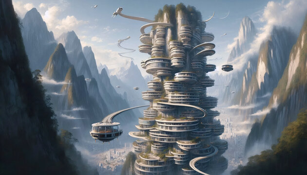 A vast, terraced mega-city built into the side of a mountain, connected by aerial trams and spiral roads, Ai generated image