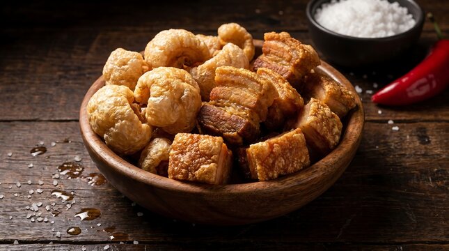 Deep fried golden pork rinds in wooden bowl with salt and chili garnish.