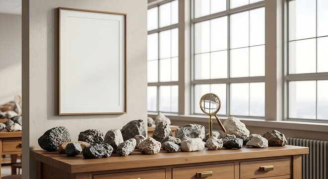 A collection of various rocks and minerals displayed on a wooden dresser, with a magnifying glass and a framed picture on the wall.