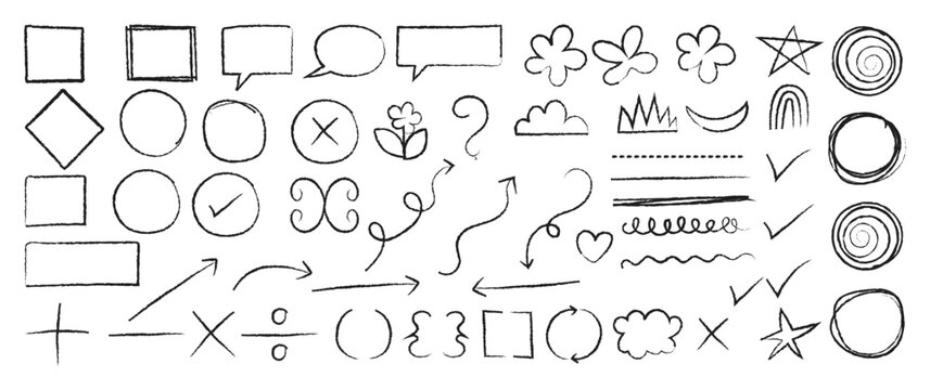 Hand drawn doodle design elements, pencil drawn punctuation marks. Hand drawn doodle sketch style circle, cloud, speech bubble, flower grunge element set. Arrow, star, heart brush decoration. 