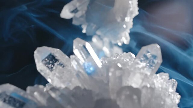 Close-up of white crystalline quartz shards and mineral clusters suspended in a dark environment surrounded by swirling diffuse blue mist and smoke with cinematic lighting.