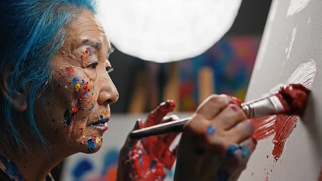 Elderly Artist With Blue Hair Paints on Canvas Senior elderly old age mature aging process longevity