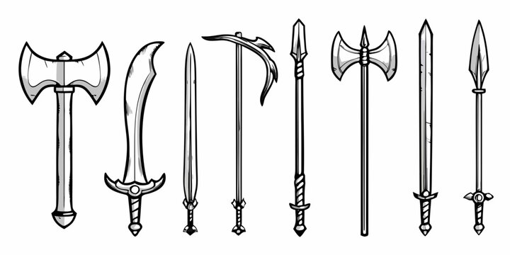 An assortment of medieval weapons including axes swords and polearms