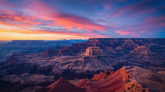 Sunset canyon landscape of layered desert canyon rock formation mesa plateau dramatic colorful sky