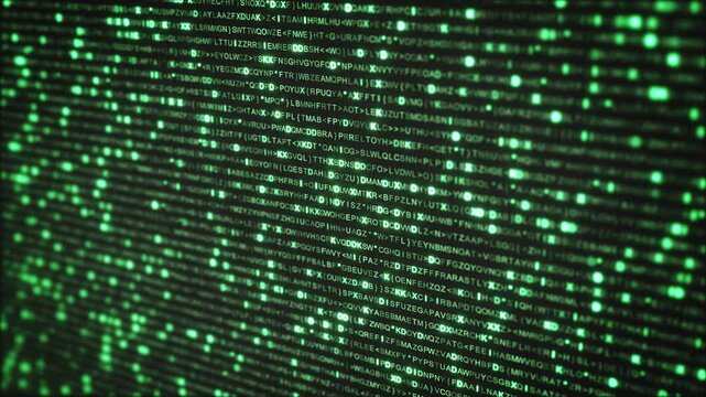 Digital Green Binary Code Streaming Black Background, matrix style background featuring glowing green alphanumeric characters digital stream. for cybersecurity themes, hacking data encryption visuals.