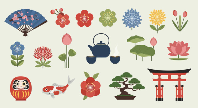 Japanese Cultural Icons: Fan, Flowers, Tea Set, Koi Fish, Bonsai, Torii Gate