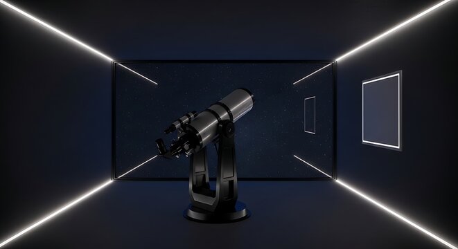 A sophisticated black telescope is mounted on a sturdy stand within a dark, futuristic room with illuminated lines on the walls.