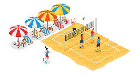 Isometric vector illustration depicts a beach volleyball game in progress, with players positioned around the net on a sandy court, alongside colorful umbrellas and lounge chairs, all © Asap