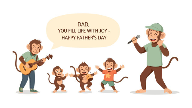 Musical Monkey Family: A heartwarming illustration of a monkey family celebrating Father's Day, with a monkey dad singing into a microphone and others playing instruments and dancing in joy. 