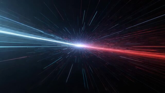 Blue and red light streak burst and radial flare converging toward bright center dynamic speed