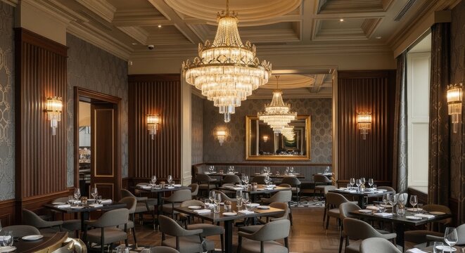 Elegant restaurant dining room with chandeliers and wooden paneling throughout the interior design b