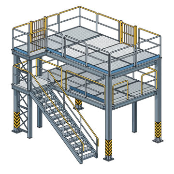 Industrial Mezzanine Platform with Stairs and Safety Rails, Metal Structure