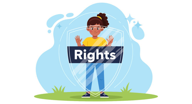 A young person standing behind a protective shield holding a sign with the word Rights.