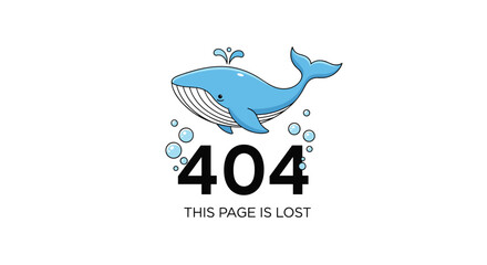 Naklejka premium Creative 404 error page design featuring a cute blue whale blowing water and the text this page is lost for website troubleshooting help.