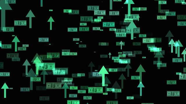 Abstract neon green arrows and data blocks forming a digital network pattern.