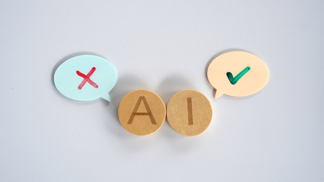 Artificial intelligence decision making concept with AI wooden blocks between check mark and cross speech bubbles on white background
