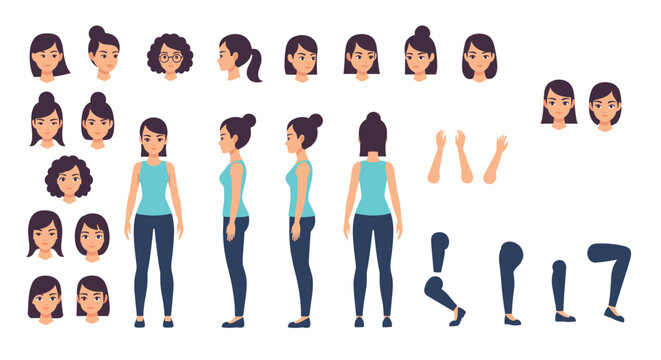 Female character design set showing a woman from various perspectives with different hairstyles and body parts.