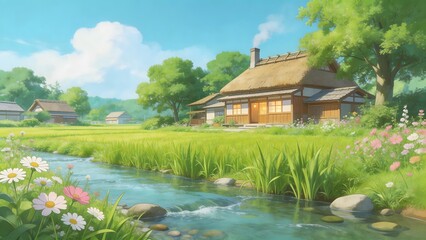 Fototapeta premium Rural house by stream with flowers