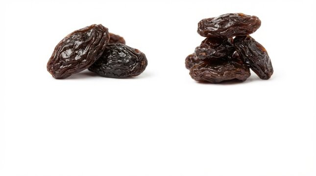 A small pile of dark raisins isolated on white background