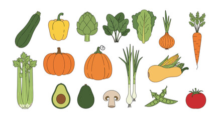 Fototapeta premium Wide collection of various fresh garden vegetables including pumpkin, avocado, peppers, and green leaves.