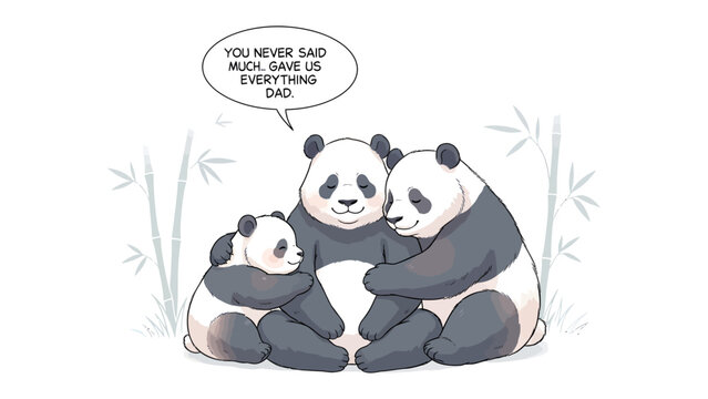 Caring Panda Family: An adorable illustration shows a panda family embraced in a heartwarming hug, expressing the special bond of love, care.