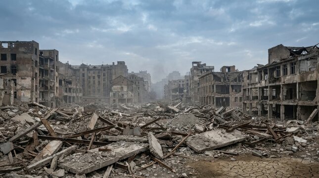 Devastated city center with piles of rubble and destroyed buildings