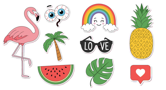Collection of colorful and fun summer stickers featuring a pink flamingo, pineapple, rainbow, and other beach-themed graphic elements.