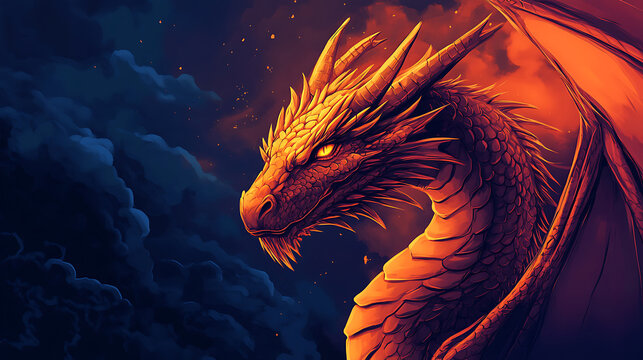 Fiery Dragon Head with Glowing Eyes in Dark Sky.