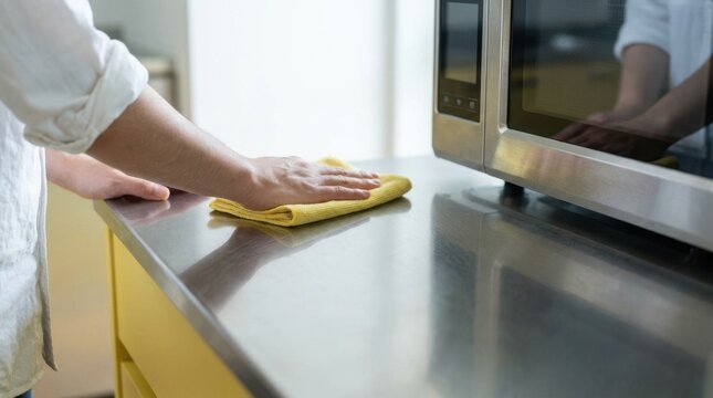 Person cleaning a stainless steel kitchen counter near a microwave