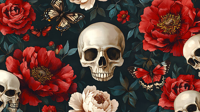 Gothic Skull and Red Roses with Butterflies Dark Floral Pattern.