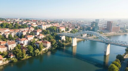 Obraz premium Aerial view of a city with a large steel bridge over a river