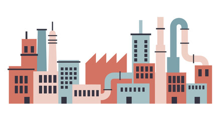 Obraz premium Industrial factory buildings with chimneys and pipes in a flat design.