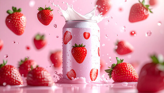 Refreshing strawberry drink can bursts open with a delightful splash, surrounded by an abundance of fresh, ripe berries on a vibrant pink backdrop, perfect for a sweet summer treat