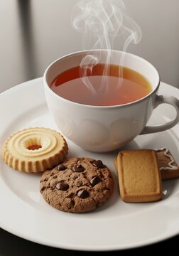 Steaming hot tea with assorted cookies on a white plate.