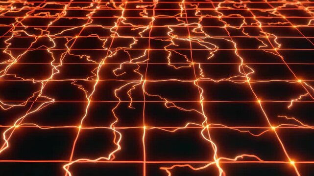 Glowing orange electric grid neon glow with flowing lightning lines forming dynamic futuristic