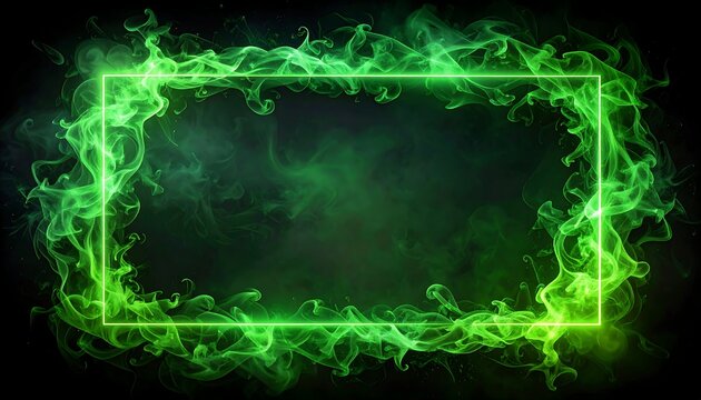 A green neon frame with flame-like edges on a black background