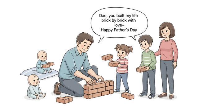 Father's Day Bonding: A heartwarming illustration depicts a father constructing a brick wall with his children, symbolizing the strong foundation of family and love.