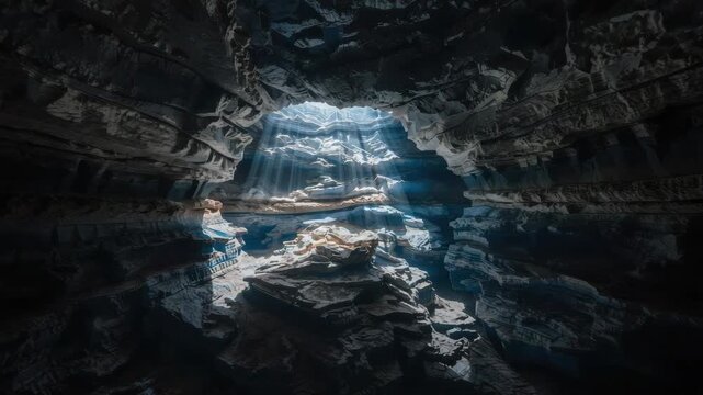 Sunlit cavern and cave chamber with layered rock formation and dramatic sunlight rays