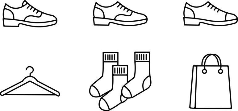 Fashion accessories outline set shoes socks hanger and shopping bag