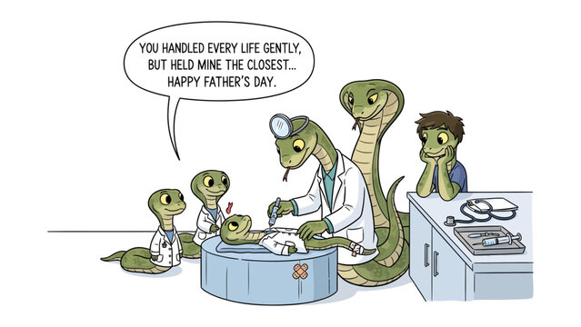 Father's Day Scene: A heart-warming father's day illustration depicting a family of snakes, the father is a doctor treating one of the snakelet in a caring manner.