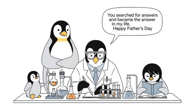 A Father's Day Experiment: A heartwarming cartoon depicts a penguin father in a lab coat, guiding his children in a science experiment, all celebrating Father's Day. 