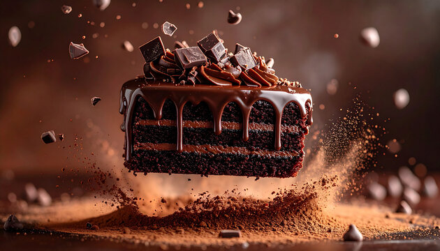 Luxurious slice of dark chocolate cake, generously frosted and drizzled, dramatically floating with an explosion of rich cocoa powder and delectable dessert pieces