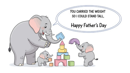 Father's Day with Elephants: Heartwarming scene of an elephant family celebrating Father's Day, with a parent and offspring working together to build with blocks and share tender moments. © Rahimatul