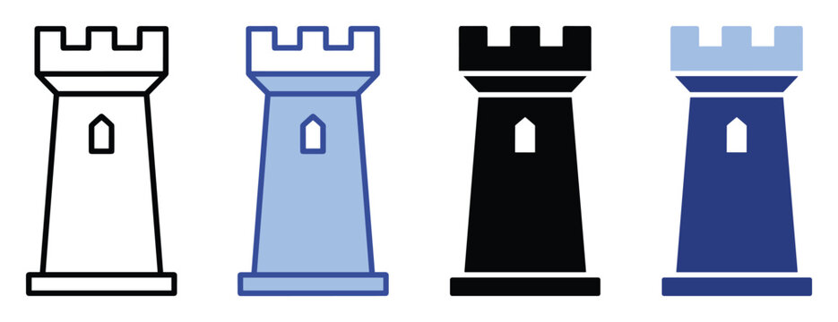 Four different stylistic representations of a classic chess rook piece perfect for game development and strategic branding needs