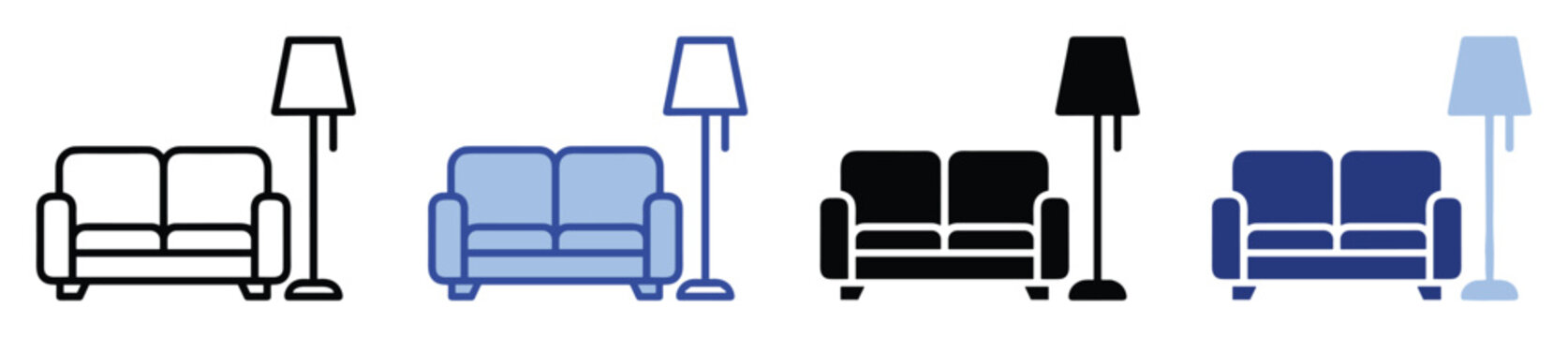Versatile living room icons featuring a comfortable twoseat couch and classic floor lamp for household decor designs