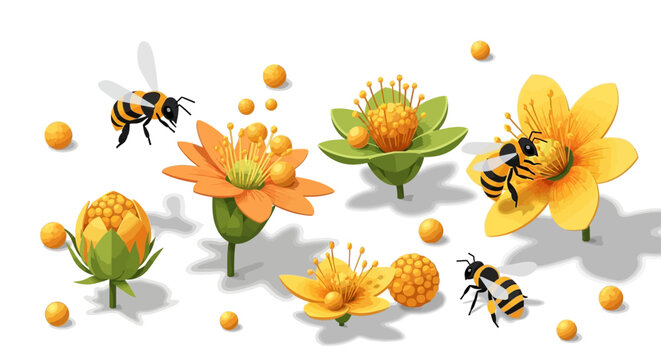 Illustrated bees pollinate decorative yellow and green flowers arranged against a white background, designed in a paper-cut style with a shallow depth of field, conveying a cheerful